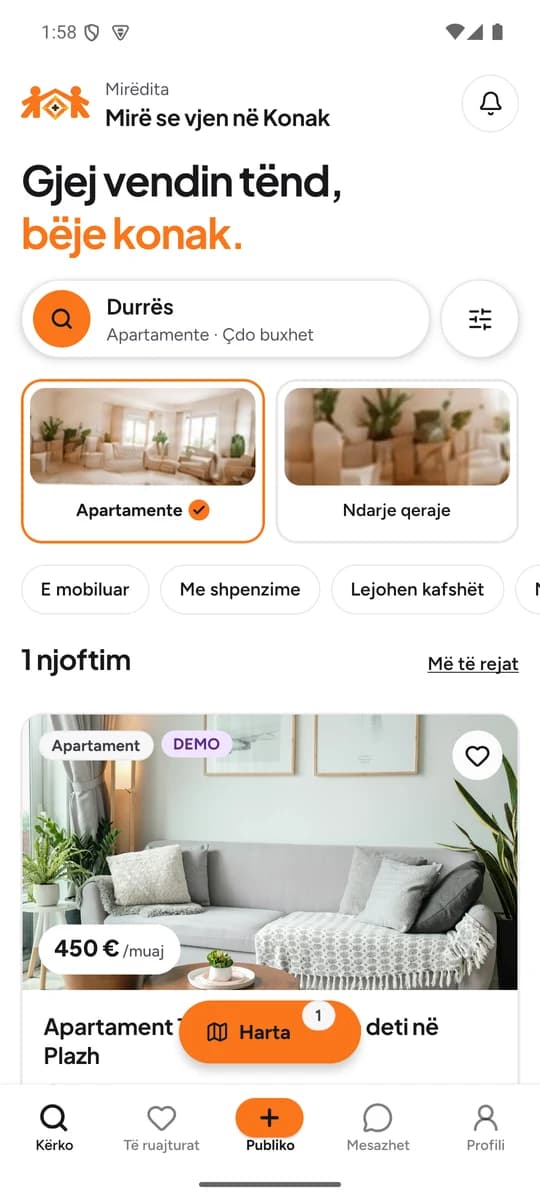 Ekrani i kërkimit në aplikacionin Konaku